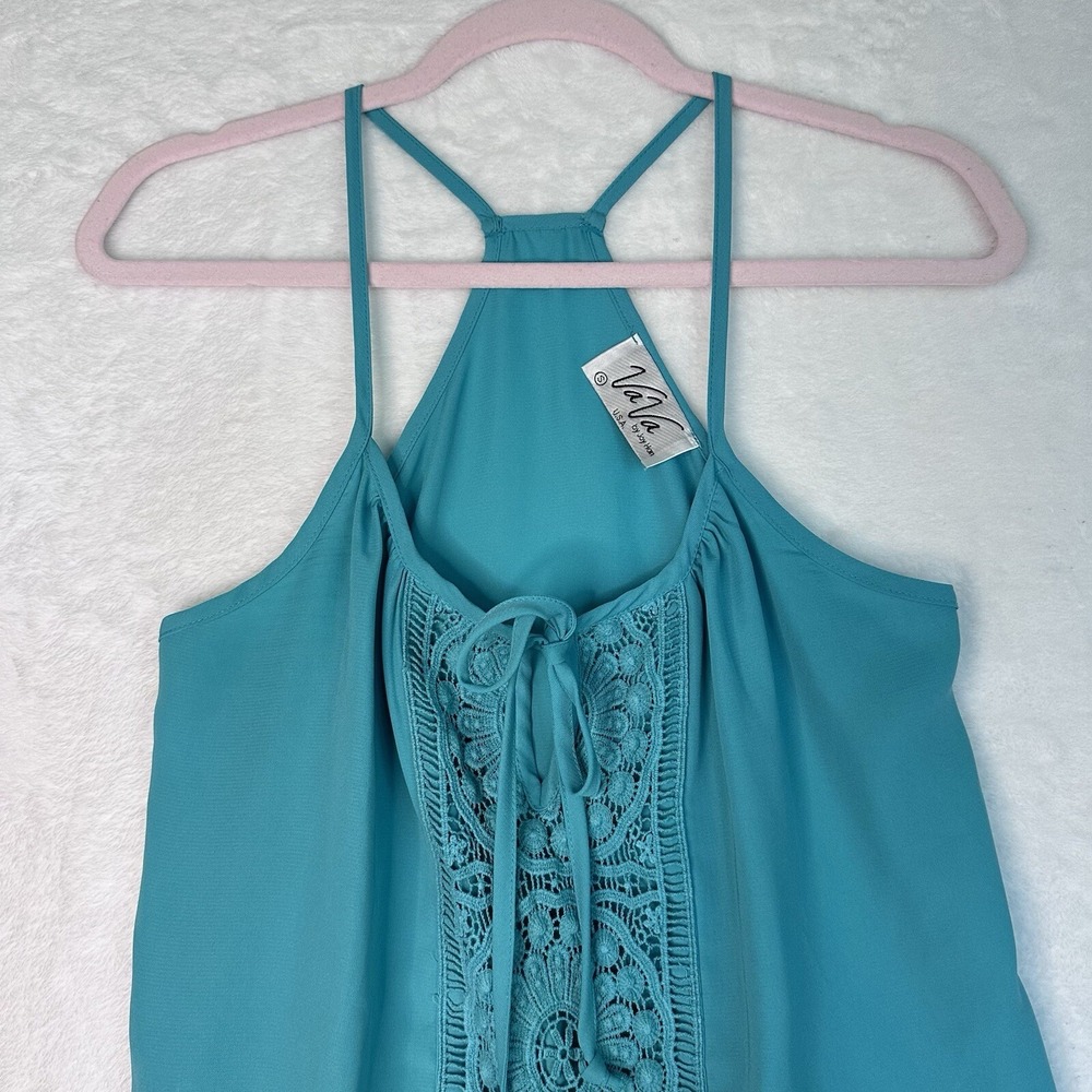 VaVa By Jon Han S Racerback Top Straps Green Embellished Ruffle Tie Front - Picture 2 of 12